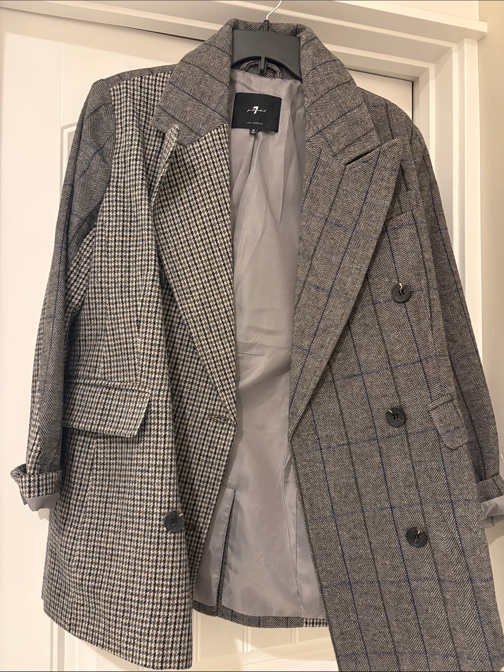7 For All Mankind Gray Houndstooth & Windowpane Plaid double breasted blazer